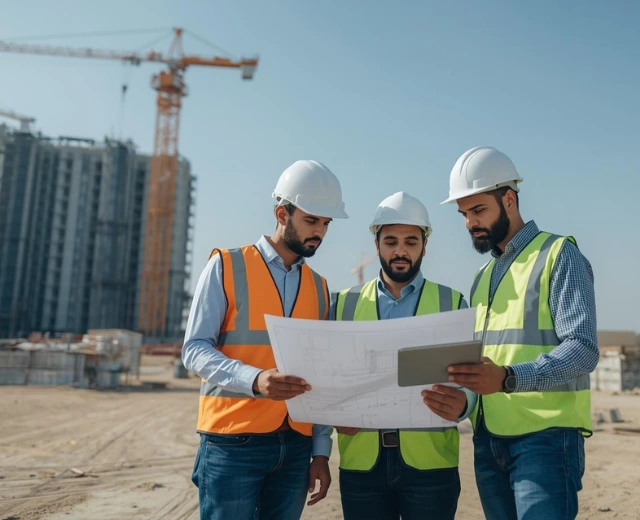 Construction engineers discussing project plans at site in Saudi Arabia