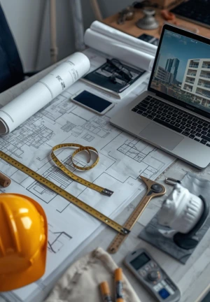 Construction planning tools and blueprints representing project planning process
