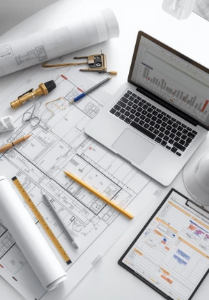 Engineering tools and project checklist representing construction workflow process