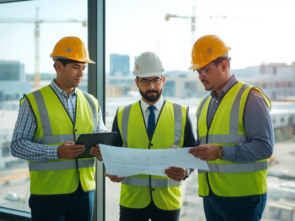 Professional project support team reviewing plans and coordinating project management tasks