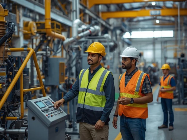 Industrial engineers inspecting machinery and infrastructure in a modern manufacturing facility