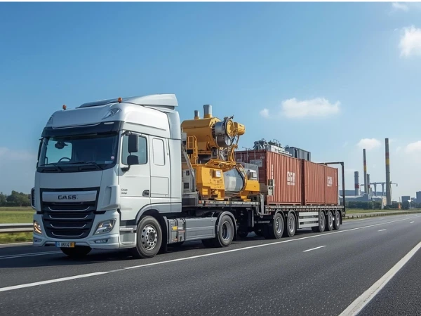Commercial transportation truck transporting industrial equipment on a highway
