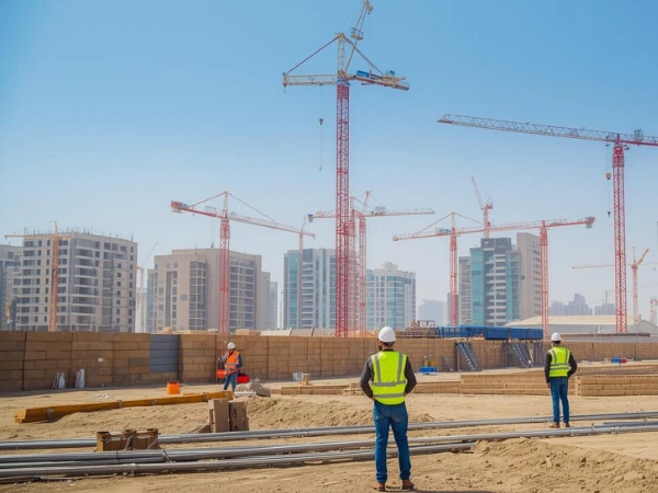 Construction contractors working on infrastructure project in Saudi Arabia