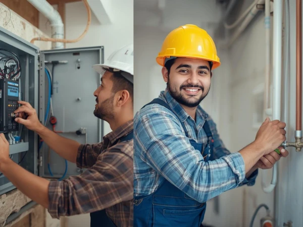 Electrician and plumber installing electrical panel and water pipes in Saudi Arabia