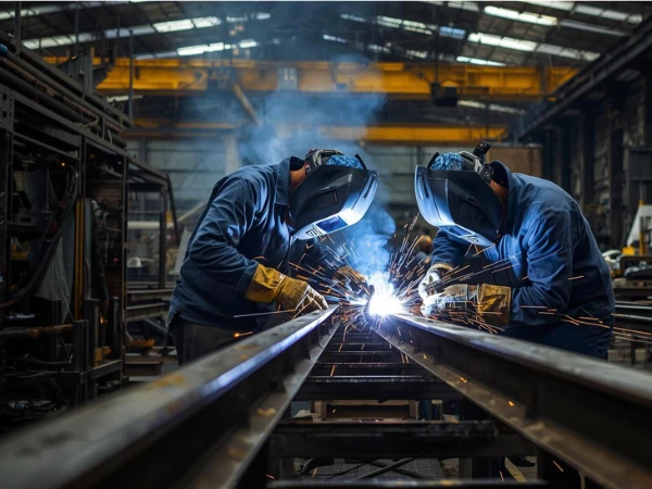 Industrial steel fabrication workers welding metal structures in Saudi Arabia