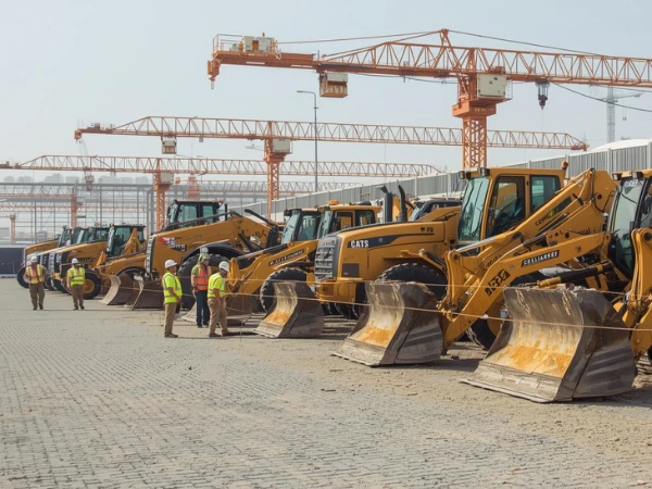 Heavy construction equipment available for rental at a site in Saudi Arabia