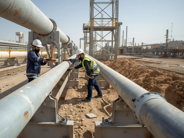 Engineers installing industrial piping system at plant in Saudi Arabia