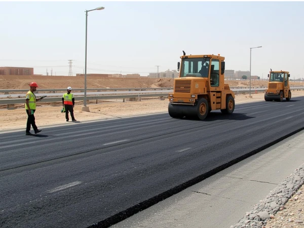 Road construction workers paving asphalt highway in Saudi Arabia