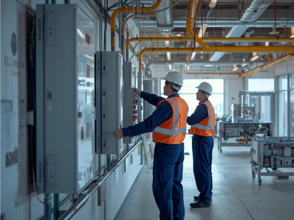 Building maintenance workers repairing facility systems in Saudi Arabia