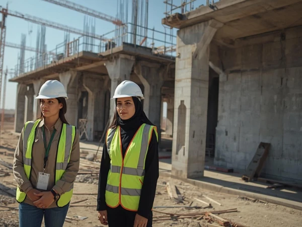 Civil construction workers building infrastructure project in Saudi Arabia