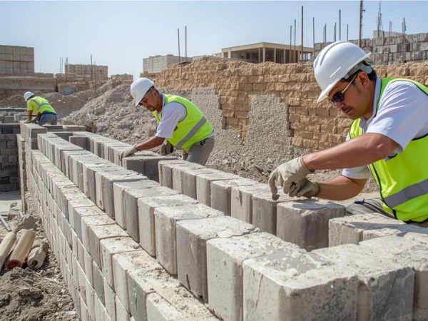 Masons building concrete block wall at construction site in Saudi Arabia