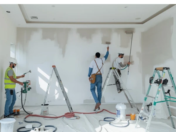 Professional painters applying wall paint at building in Saudi Arabia