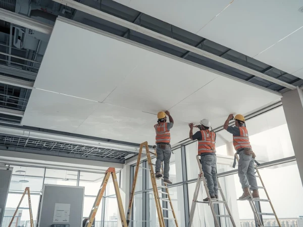 Workers installing gypsum false ceiling panels in building in Saudi Arabia